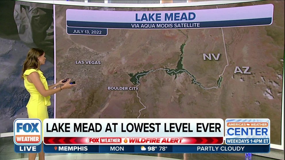 Images from the Aqua Modis Satellite show how Lake Mead water levels have decreased drastically from 2002 to 2022. 