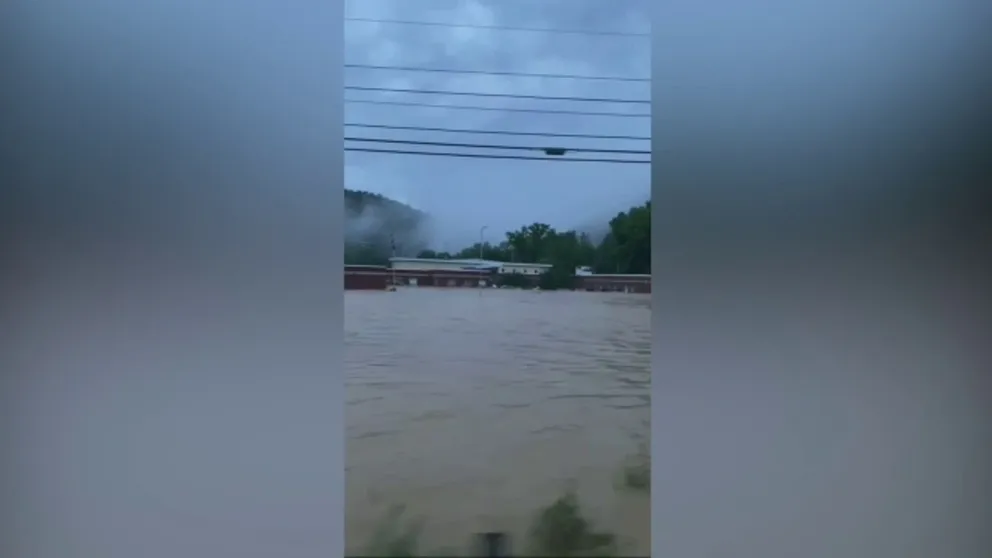 A Buckhorn, Kentucky school is submerged in water from historic flooding taking place across the eastern part of the state. 