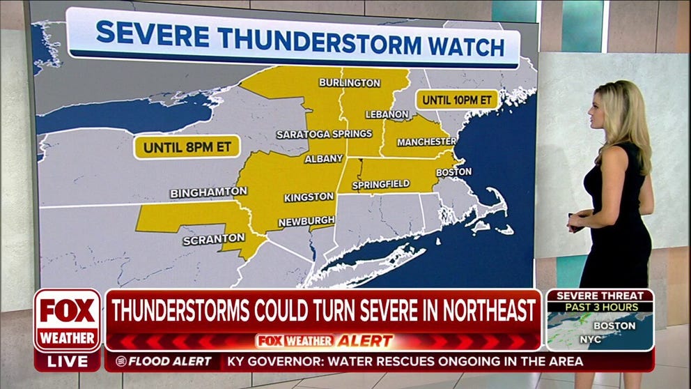 A Severe Thunderstorm Watch has been extended for parts of the Northeast until 10 p.m. New Hampshire and Massachusetts have been added to the watch.