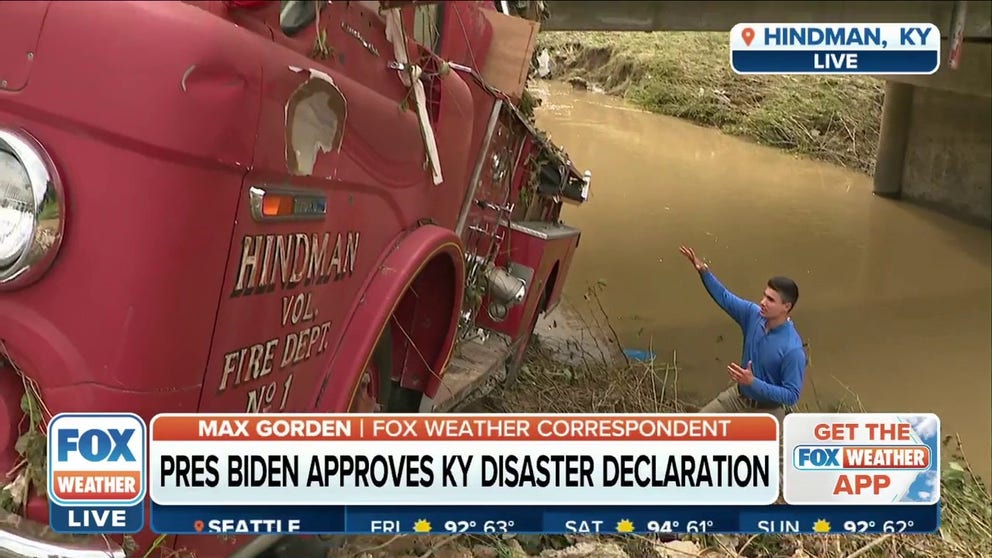 Trucks and cars have been scattered across Hindman, Kentucky from devastating flooding. FOX Weather’s Max Gorden shows a fire truck that was tossed around by the force of the waters. 