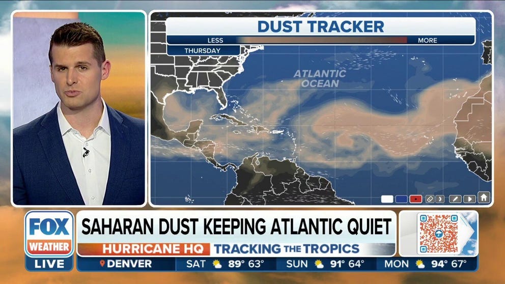 A plume of dust and dry air from the Saharan Desert is expected to keep tropical activity in the Atlantic Ocean quiet for the next week. 