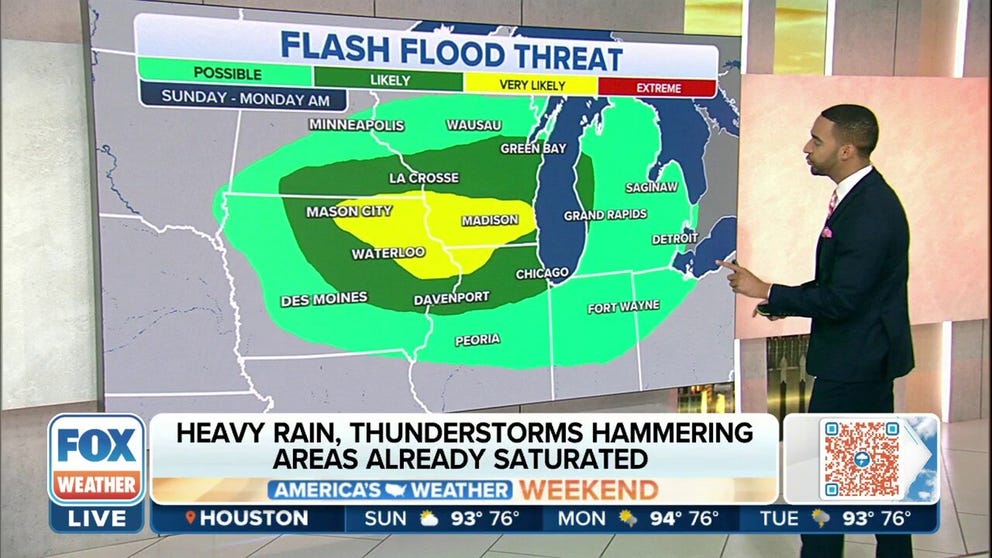 Heavy rain and thunderstorms is leading to an increased risk of flash flooding in parts of the Upper Midwest on Sunday and Monday.