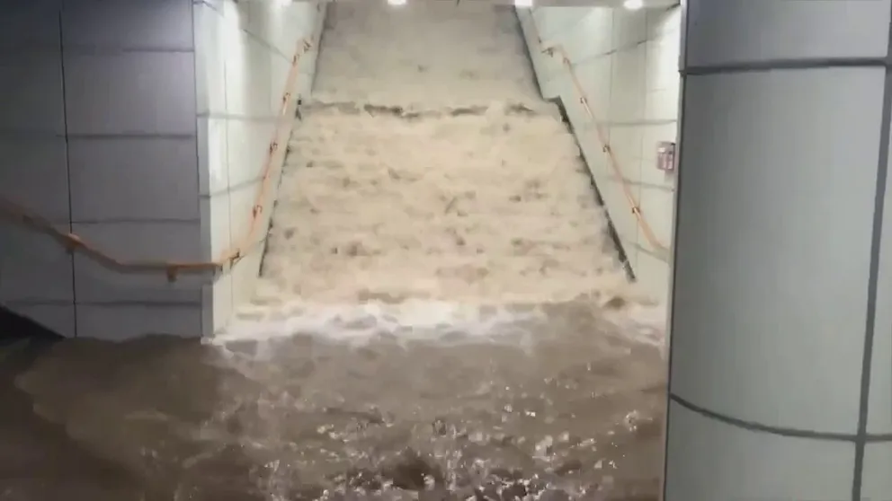 A subway station in Seoul, South Korea was flooded with water from heavy rain. 