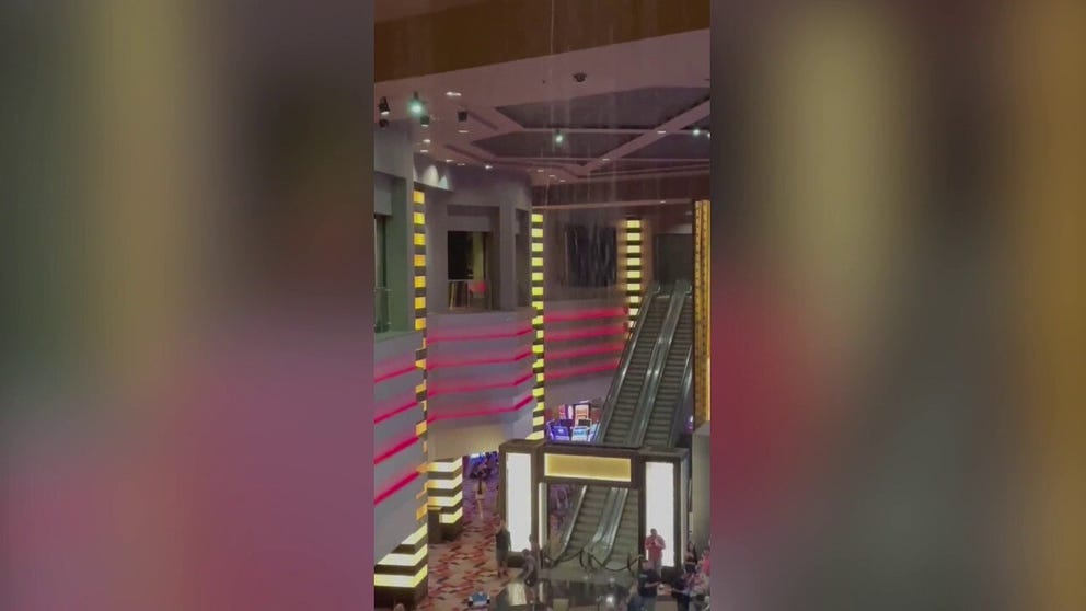 Video shows water falling from the ceiling at Planet Hollywood Las Vegas Resort & Casino after heavy rain on Thursday. 