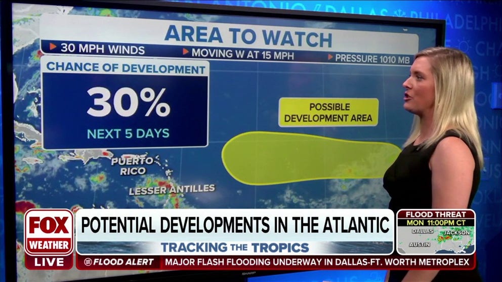 Its odds of development are low (30%) because it’s plowing into a large area of very dry air including some Saharan dust. 