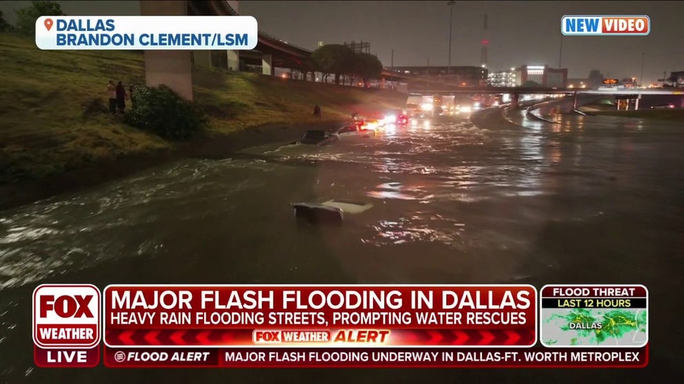 Storm chaser Brandon Clement told FOX Weather, "Incredible water rescue on Interstate 30 in downtown Dallas. Stranded passengers fight for their life on I-30 at I 75."