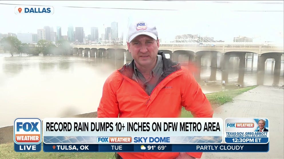 FOX Weather's Robert Ray is at the Trinity River, west of downtown Dallas, which has tripled in size after more than 15 inches of rain fell in North Texas on Monday. 