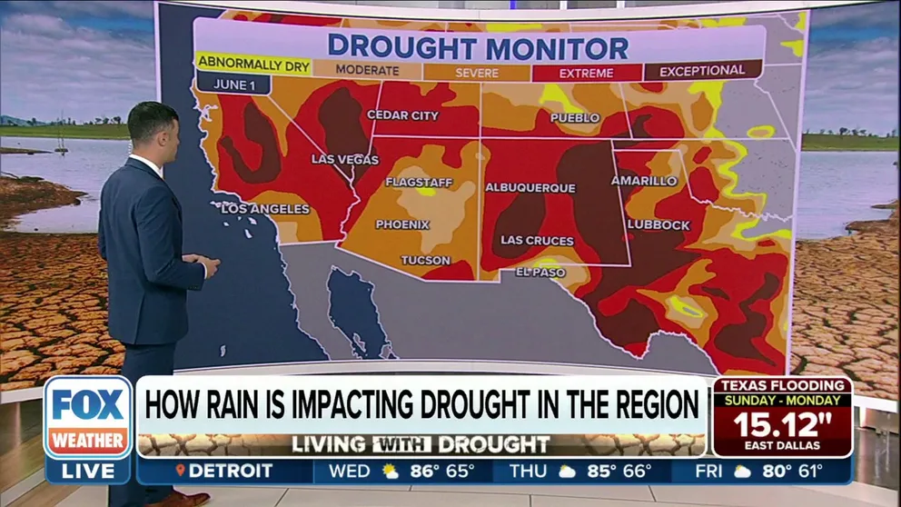The drought situation dramatically improves for Southwest states such as Arizona and New Mexico during the monsoon season. 
