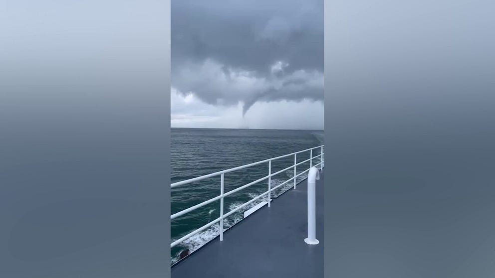A crew member on the LST 510 Cape Henlopen Cross Sound Ferry films a waterspout spinning in Long Island Sound. (Video: Crew Member/WEATHER TRAKER /TMX)