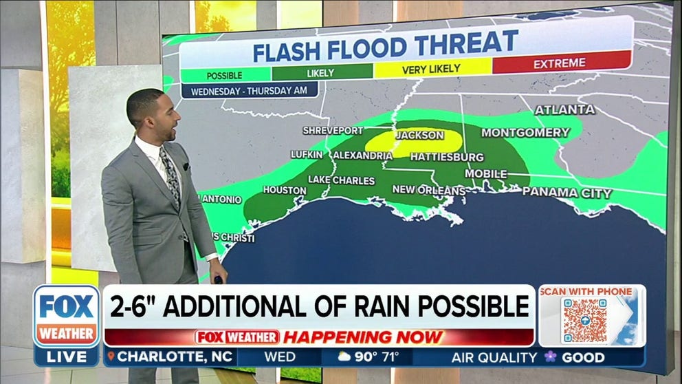 Widespread thunderstorms will once again pose the risk for flash flooding across the Lower Mississippi Valley and the Upper Texas Coast on Wednesday.