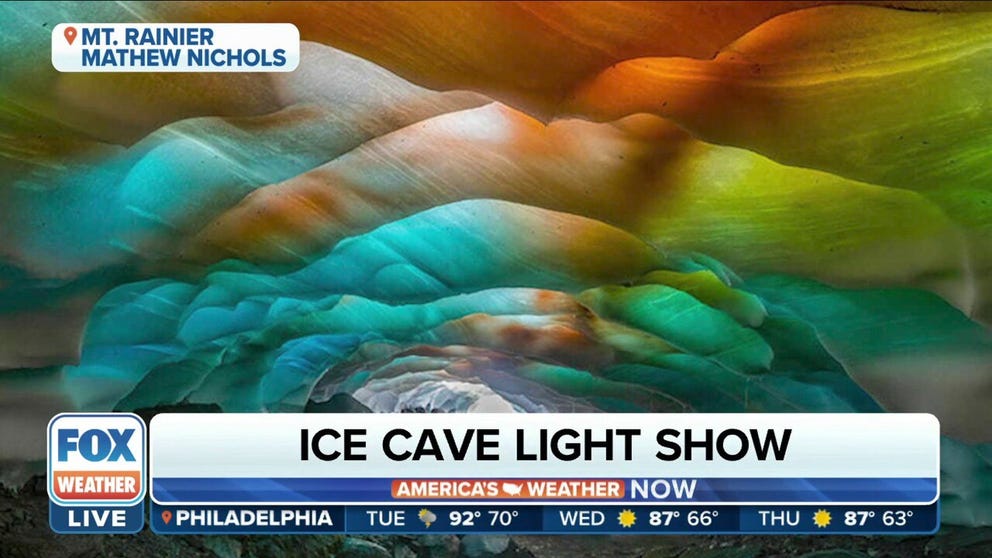 Nature photographer Mathew Nichols tells FOX Weather that he just so happened to be ‘in the right spot at the right time’ to witness sunrays coming through the snow and creating rainbow-colored ice inside the cave.