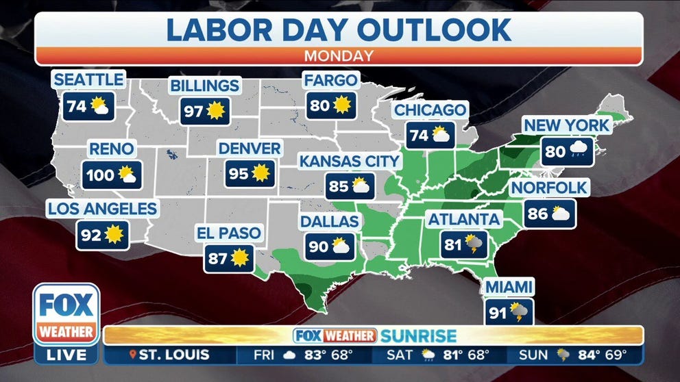 The current outlook for Labor Day is widespread rain throughout the East, with drier conditions expected in the western half of the U.S.