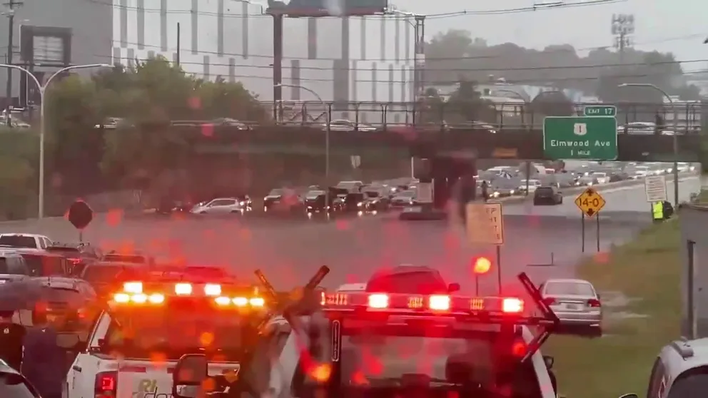 Torrential rain caused flash flooding in parts of Providence, Rhode Island, Monday afternoon. Drivers were at a standstill on I-95 due to the flooded highway. 