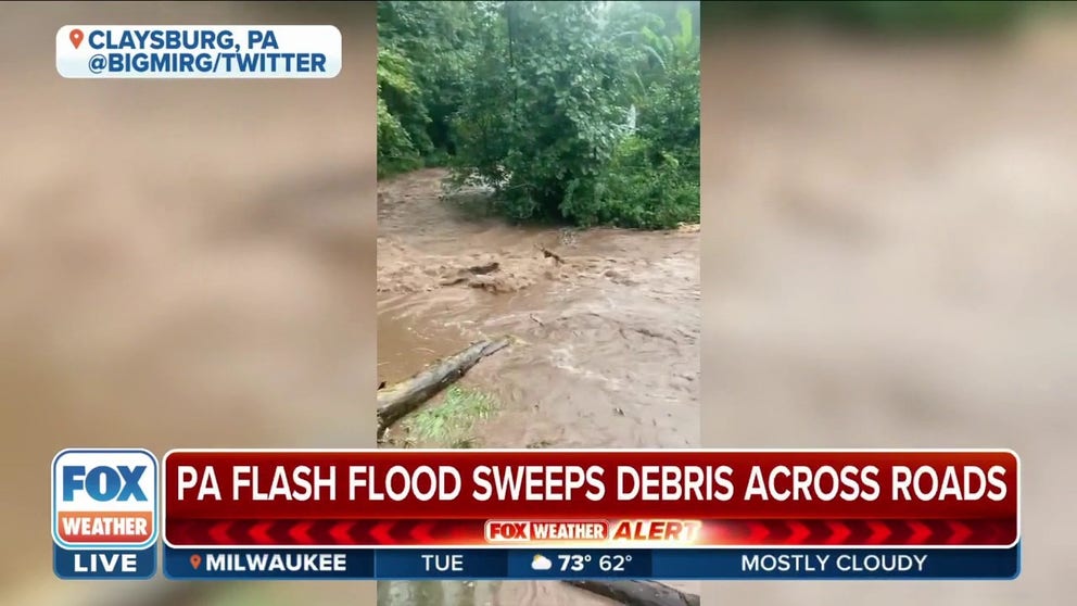 Flooding has been a big concern since Monday. Video captures flash flooding sweeping debris across the road in Claysburg, Pennsylvania.