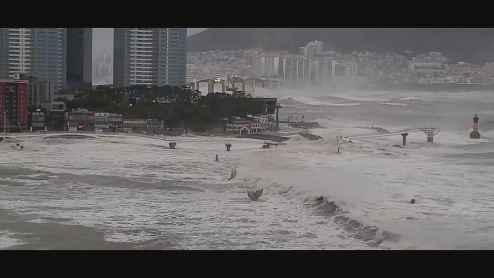 Huge waves beat on the normally wide beaches of Busan, South Korea.