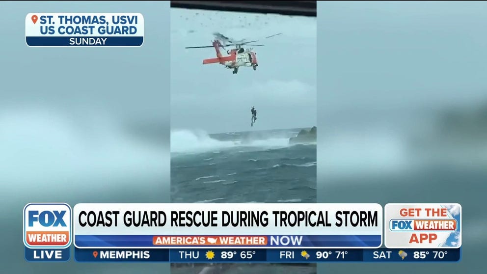 Lt. Shea Smith, Coast Guard Aircraft Commander, tells FOX Weather how his air crew was able to rescue a fisherman, who was clinging to sharp rocks for two hours, from rough seas generated by then Tropical Storm Earl. The rescue mission took place off Dog Island in the U.S. Virgin Islands.