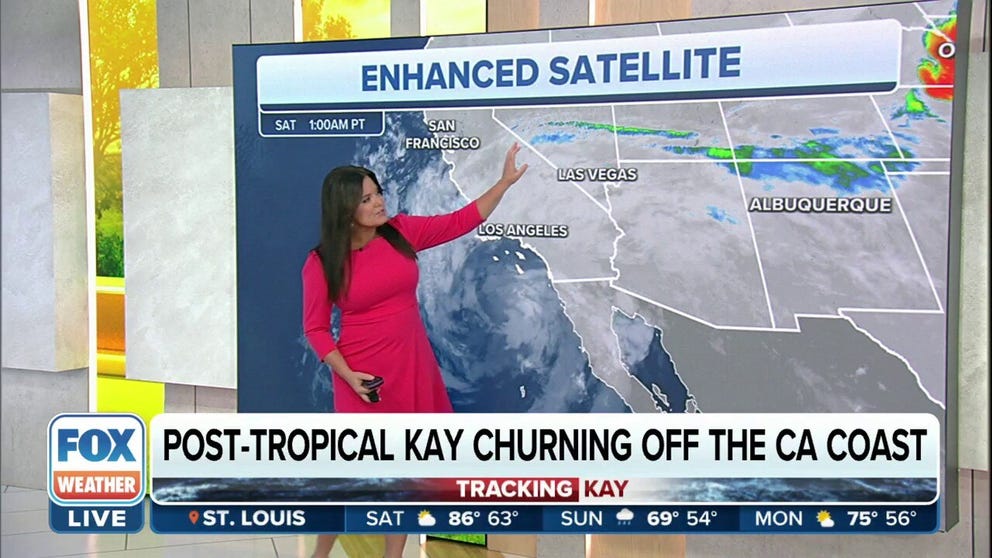 Post-Tropical Cyclone Kay continues to weaken as it tracks west and away from the northern coast of Baja California. Despite its weakening trend, its shield of anomalous moisture will continue to push north through southern California, southern Nevada, and western Arizona.