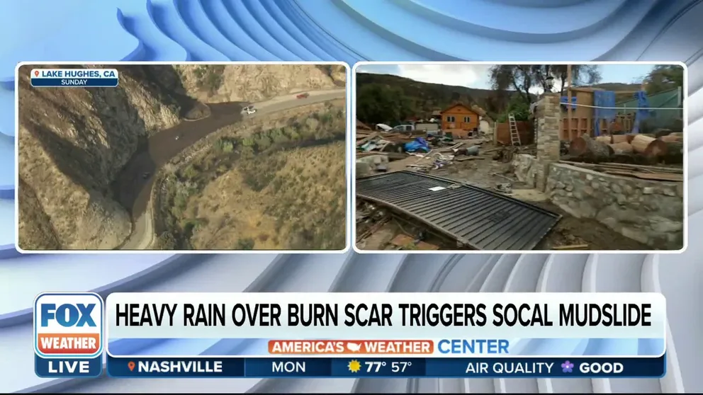 Heavy rainfall along a Southern California burn scar set off a mudslide Sunday night, causing multiple cars to become stuck in the debris and prompting rescue efforts. FOX Weather's Nicole Valdes reports. 
