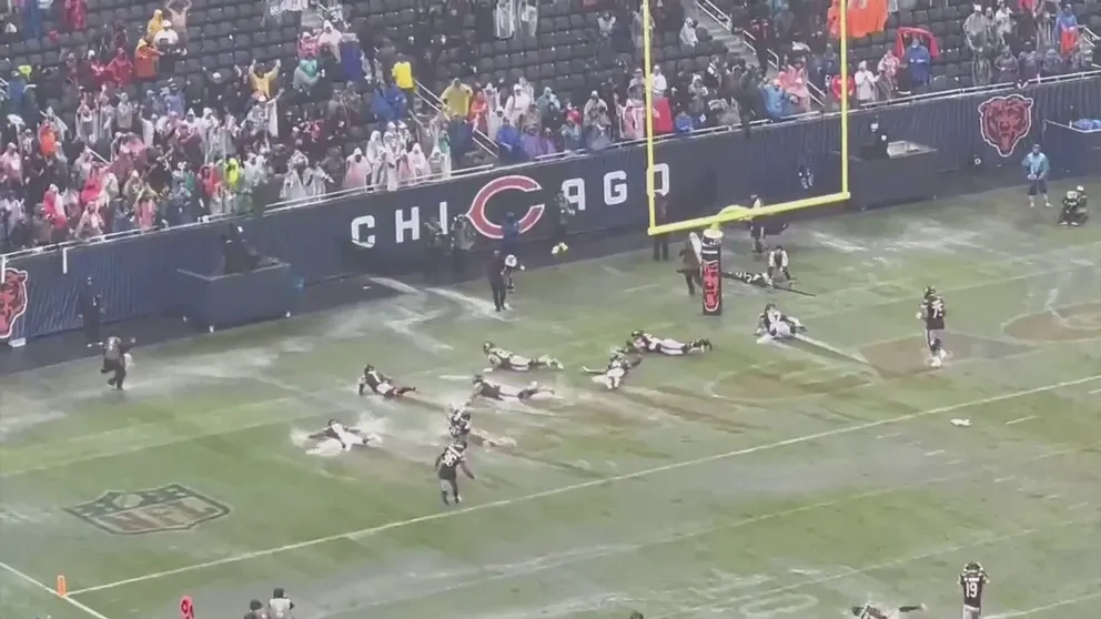 The Chicago Bears turned Soldier Field into a slip-and-slide on Sunday as the field was so waterlogged after heavy rain. 