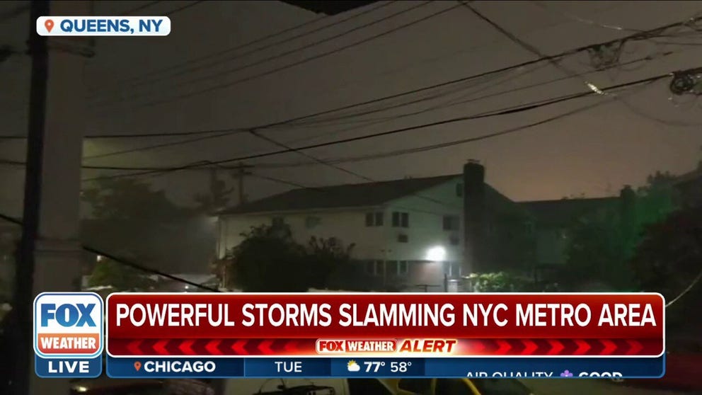 Storms that prompted Flash Flood and Tornado Warnings brought heavy rain and gusty winds to Queens, New York, Tuesday morning. 