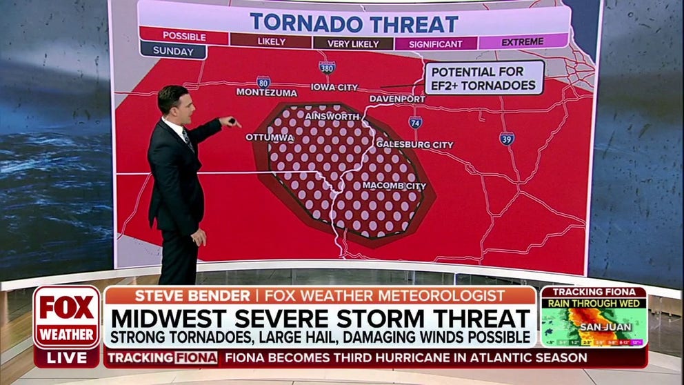 Tornados, high winds and large hail are possible across the Midwest Sunday then threaten the Northeast on back-to-work Monday.