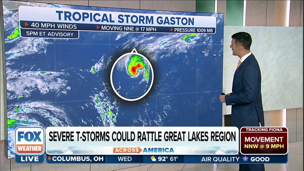 Tropical Storm Gaston forms in the central Atlantic with maximum sustained winds of 40 mph. 