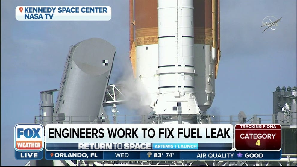 FOX Weather Space Specialist Emilee Speck says a leak Wednesday morning caused a delay on the rocket fueling test but engineers were able to work through the issue. 