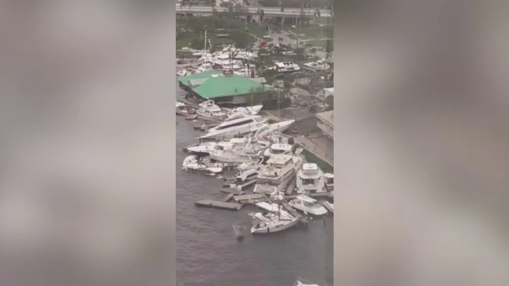 Boats are seen piled up in Fort Myers Harbour Marina following Hurricane Ian. (Video: Timothy_S_Dean via Storyful)