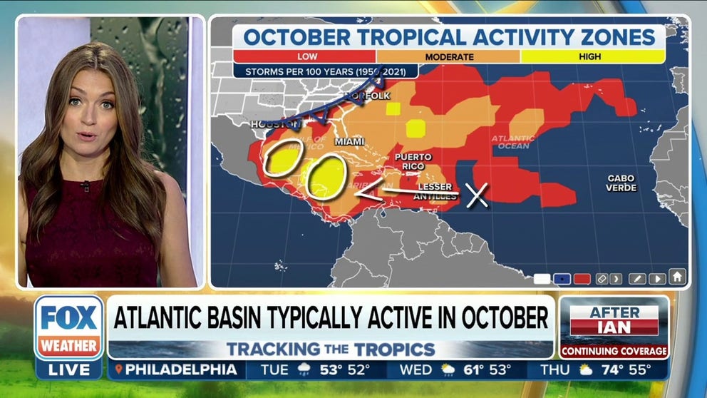 October ranks as the third-most-active month (behind September and August) for tropical activity in the Atlantic Basin, typically producing about two named storms each year, one of which becomes a hurricane.