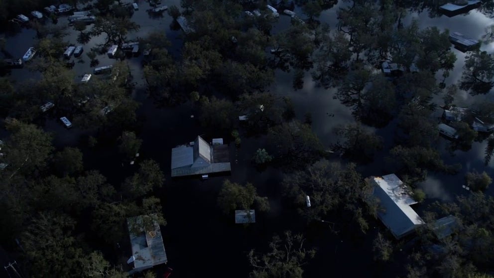 Drone video shows flooding along the Peace River near Arcadia, Florida, nearly one week after Hurricane Ian.