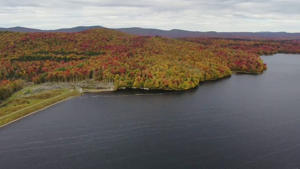 Drove video taken above the Vermont landscape shows stunning images of trees with red, orange and yellow leaves as fall foliage season gets underway.