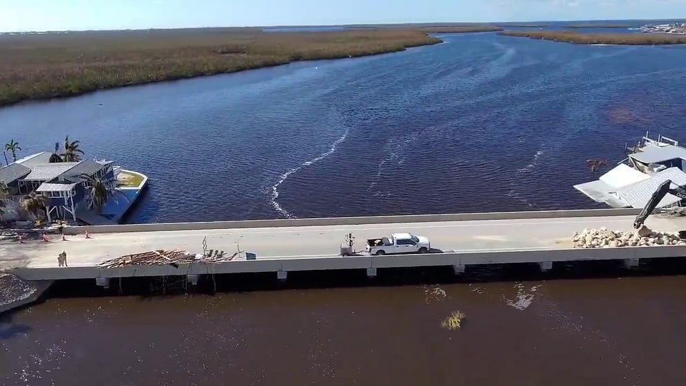 Video shows the moments first responders were able to reach Pine Island, Florida following the bridge being rebuilt post Hurricane Ian. 