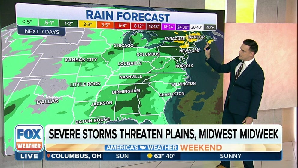 A cold front that will push into the United States from Canada is expected to bring widespread rain from the Plains to the Northeast this week, and the FOX Forecast Center says some areas could even see some severe weather.