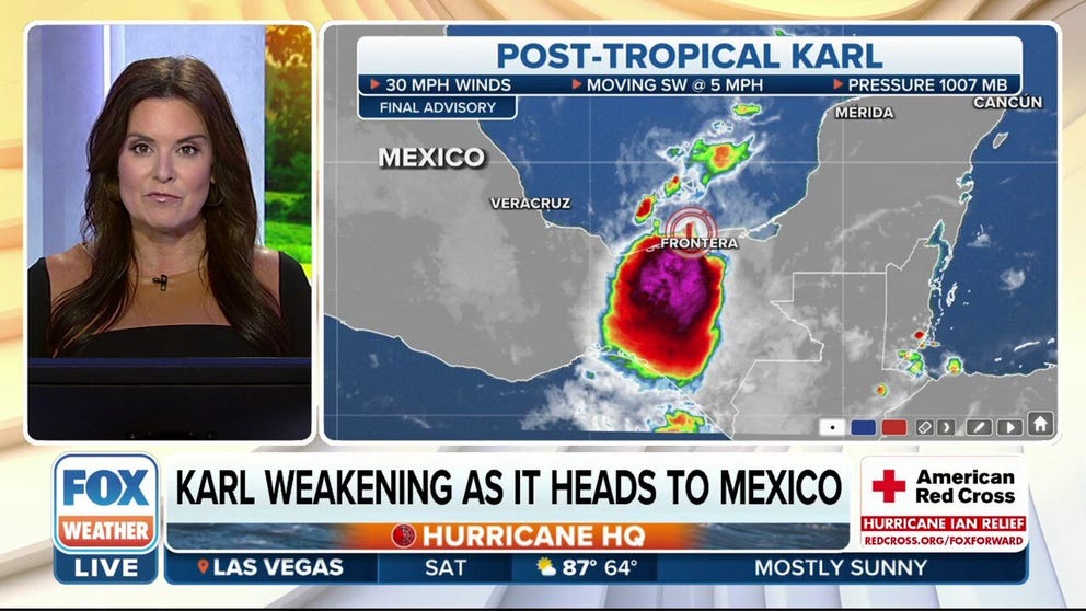 Karl weakened to a tropical depression Friday ahead of landfall along the southern coast of Mexico. Forecasters were still expecting gusty winds and heavy rain through Sunday morning.