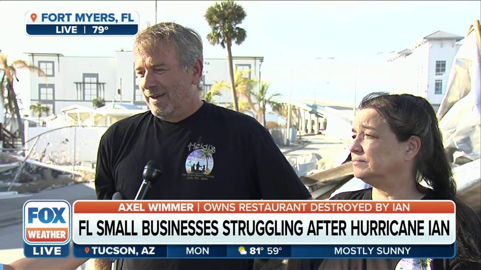 Heidi and Axel, a German couple whose restaurant of 10 years, Heidi's Island Bistro on Fort Myers Beach, got destroyed with nothing left but wood pilings up. FOX Weather's Nicole Valdes reports. 
