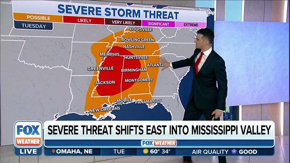 Severe storm threat from lower Mississippi Valley to Deep South Tuesday ...
