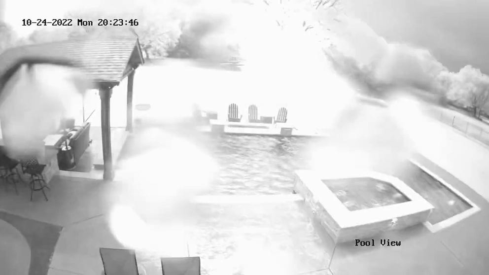 An intense lightning strike was caught on a backyard camera in Southlake, Texas Monday evening. The bolt hit a 100-year-old pecan tree and sent bark flying across the backyard.