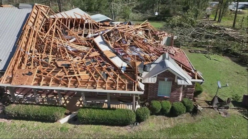 A drone video shows the destruction left behind when a tornado tore through the community of Simms, Texas, on Friday.