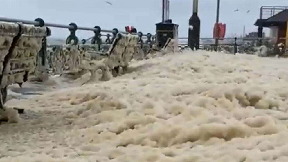 Video shot from Brighton beach shows the waterfront overrun in sea foam -- in places several inches thick. It’s as if the English Channel had been transformed into a miles-long cappuccino. (Video: @SharpeFiona / WEATHER TRAKER /TMX)