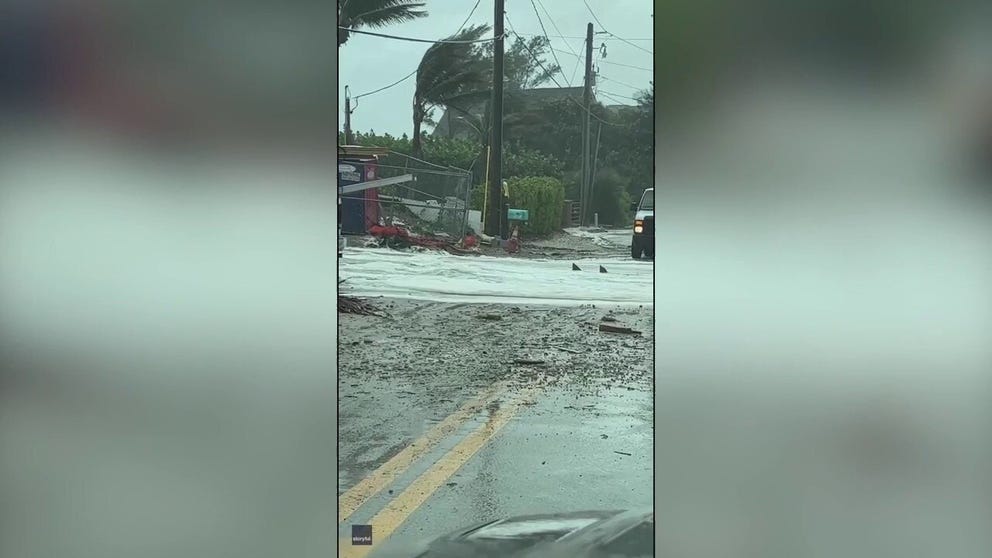 Video showing two fin-shaped objects being swept along by floodwater on Hutchinson Island, Florida, was captured by a local business owner as Hurricane Nicole approached on Wednesday, Nov 9, 2022.