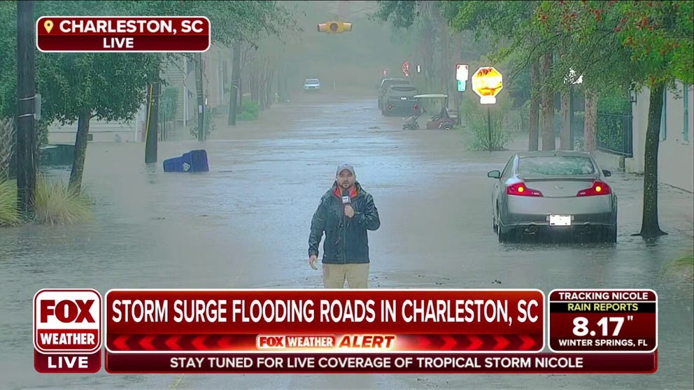 Storm surge is flooding roads due to Tropical Storm Nicole in Charleston, South Carolina. FOX Weather's Will Nunley reports. 