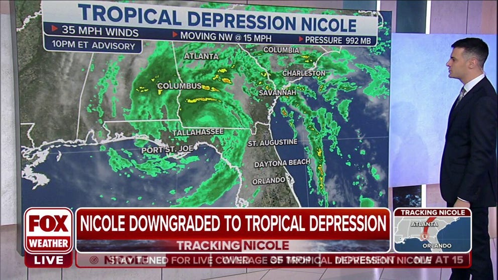 Nicole has been downgraded to a Tropical Depression as it continues to bring heavy rain, gusty winds, and severe weather threats into Florida, Georgia, Alabama, South Carolina, and North Carolina.