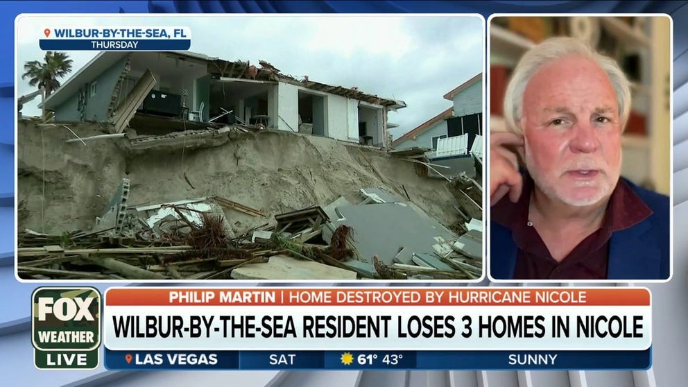 Wilbur-by-the-Sea homeowner Philip Martin recounts the harrowing moments when parts of his three properties began to fall into the water due to Hurricane Nicole.