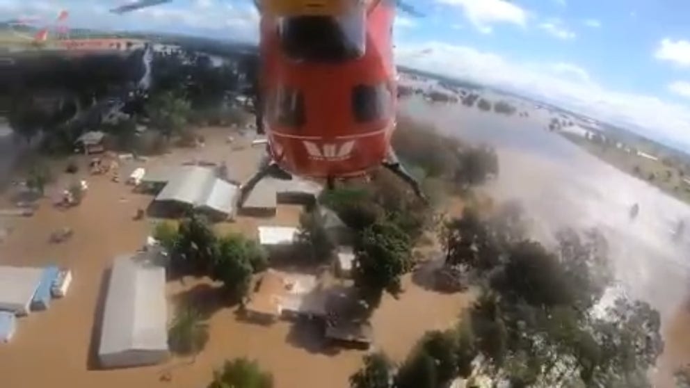 A search and rescue helicopter shows the scene of catastrophic flooding in the town of Eugowra where hundreds needed to be rescued. (Video courtesy: Westpac Life Saver Rescue Helicopters / LOCAL NEWS X /TMX)
