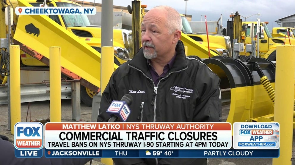 Governor Kathy Hochul declares a state of emergency for 11 counties in New York before a powerful snowstorm hits the state. The NYS Thruway in Erie County will close to commercial traffic beginning at 4 pm. FOX Weather’s Katie Byrne reports from Buffalo. 