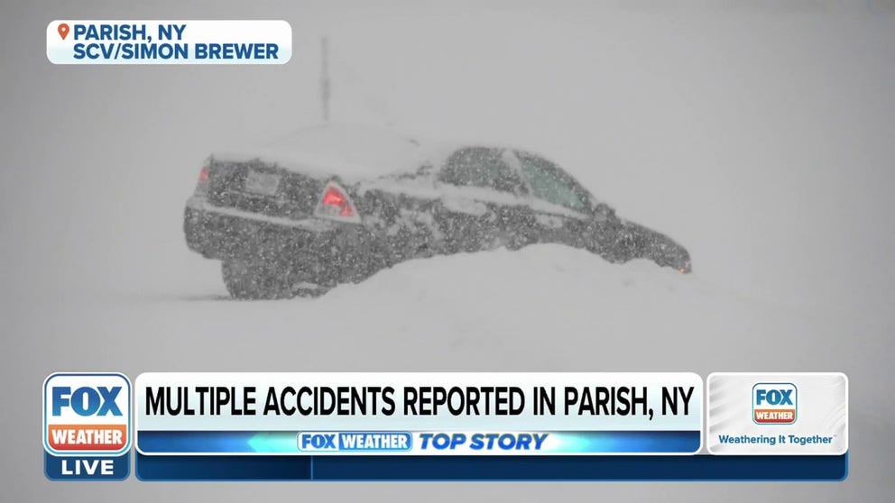 Multiple accidents have been reported in Parish, New York. Cars are captured having slid off the roads. 