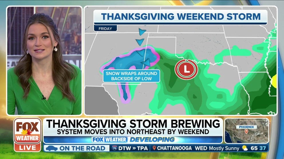 FOX Weather Meteorologist Britta Merwin explains a developing storm system moving down from the Northwest will tap into Gulf moisture bringing about 1 inch of rain to the Dallas area over Thanksgiving.