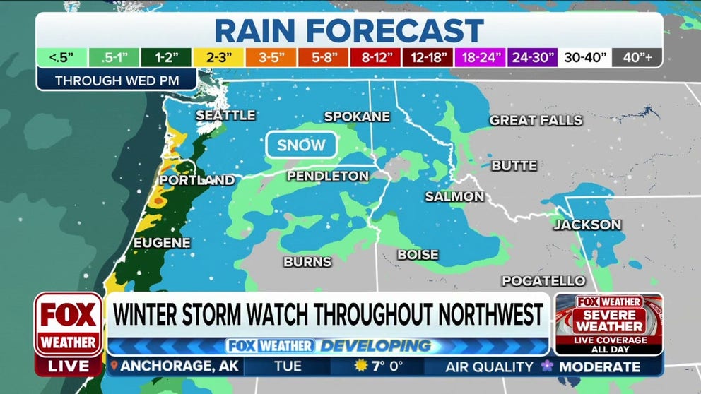 Seattle has been placed under a Winter Weather Advisory, while Winter Storm Watches and Warnings cover much of the Cascades and Sierra Nevada.