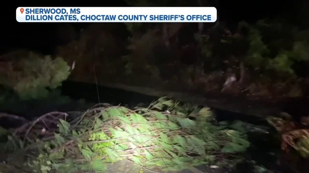 First responders were slowed by downed trees as they drove through storm damage in Sherwood, Mississippi.
