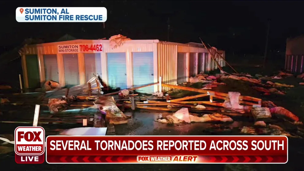 A possible tornado damaged a roof at a storage facility in Sumiton, Alabama. 